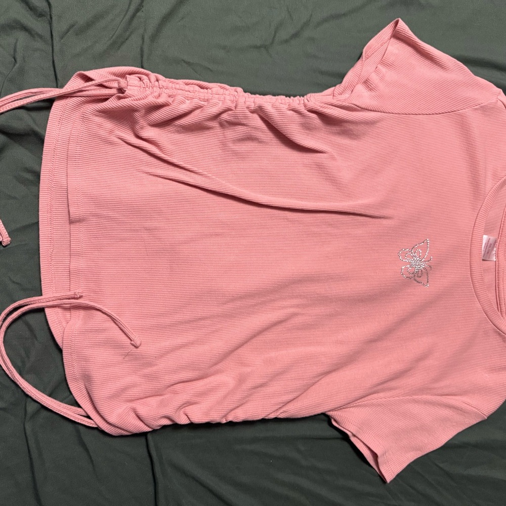 Pink Ruched T-Shirt with Embroidered Detail